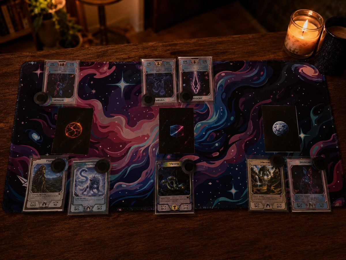 Astral Forge cards in play on the galaxy playmat